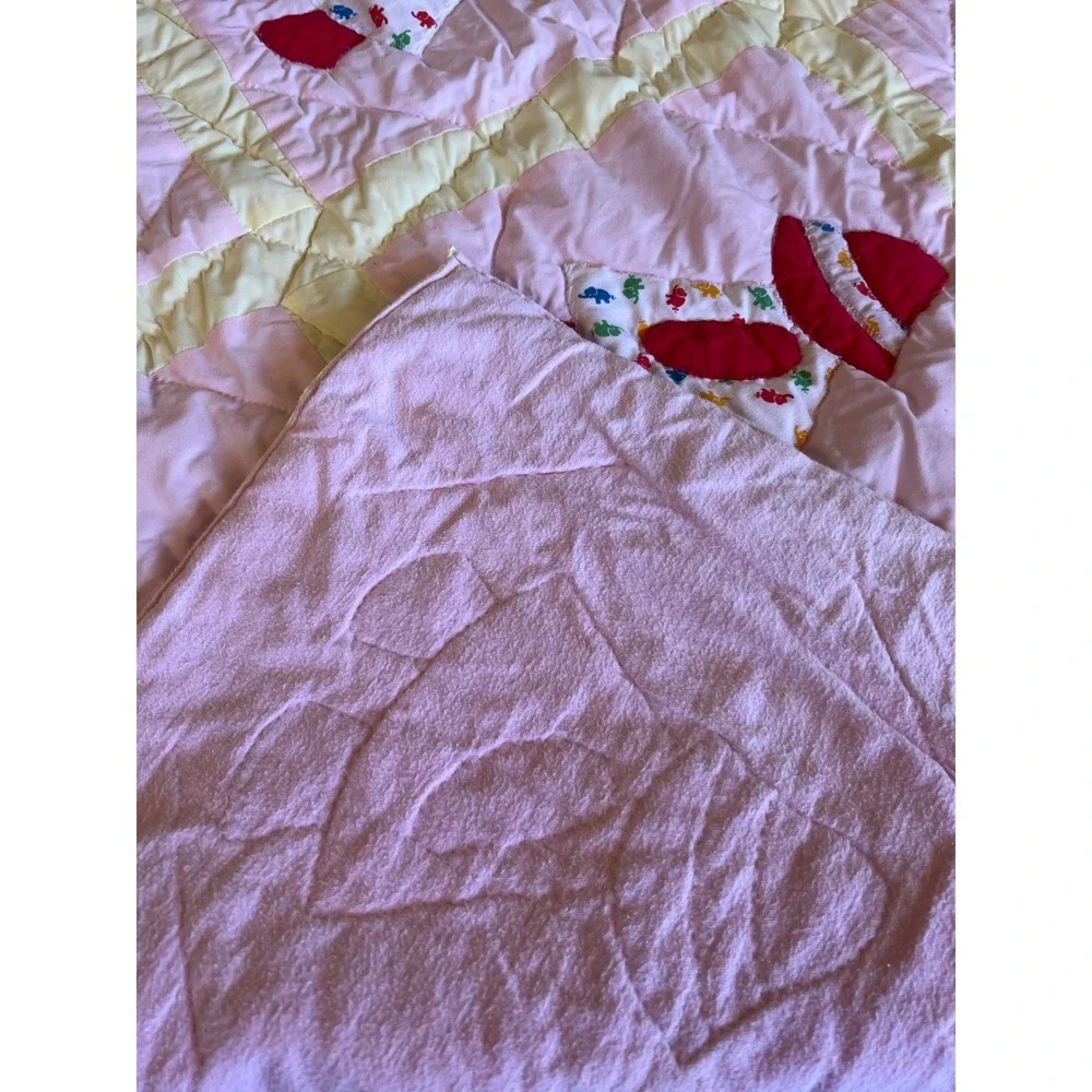Vintage Sunbonnet Sue Baby Quilt Handmade Pink Yellow Red Elephant Print 42x41